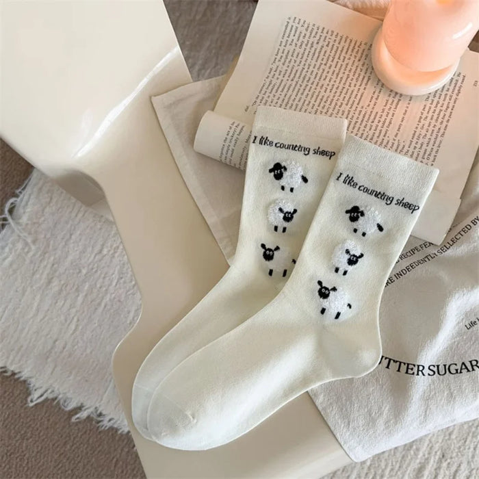 4Pairs/ Lovely Cartoon Sheep Print School Girls Socks