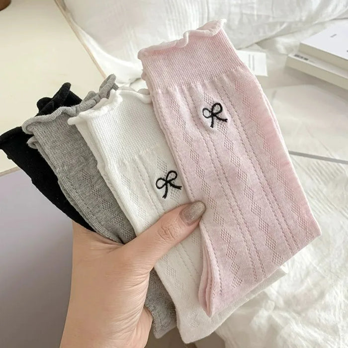Lace Bow Long Socks Casual Crew Loose Sox Mid-tube Thin Stockings