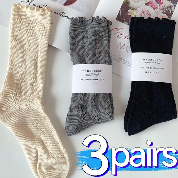 1-3pairs-hollow-socks-women-solid-color-sweet-mesh-mid-tube-stockings-girls-spring-summer-breathable-cotton-lace-roll-edge-socks