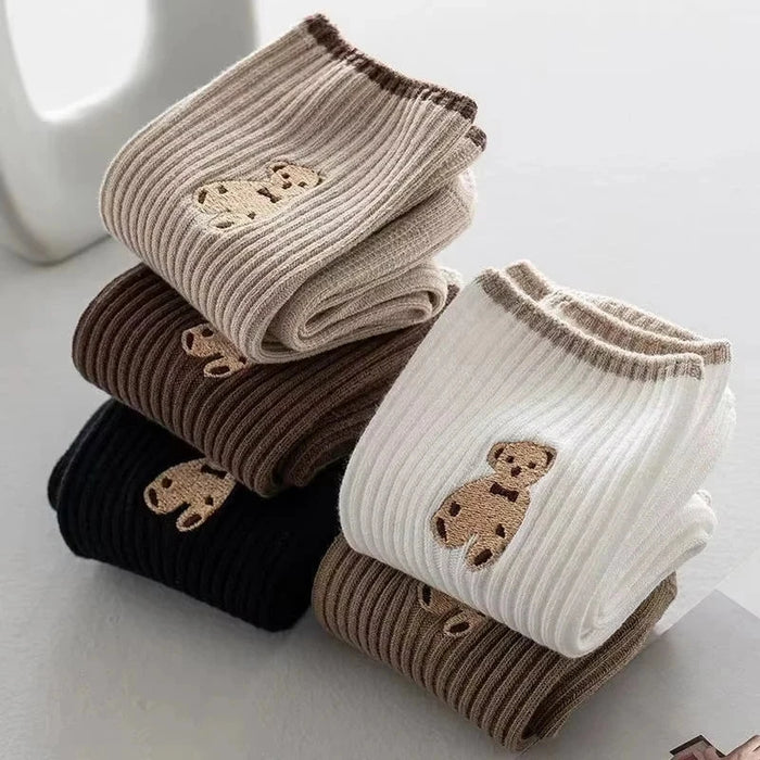 5pairs-lot-cream-womens-korean-version-of-medium-tube-socks-stockings-autumn-and-winter-warm-japanese-versatile-solid-color