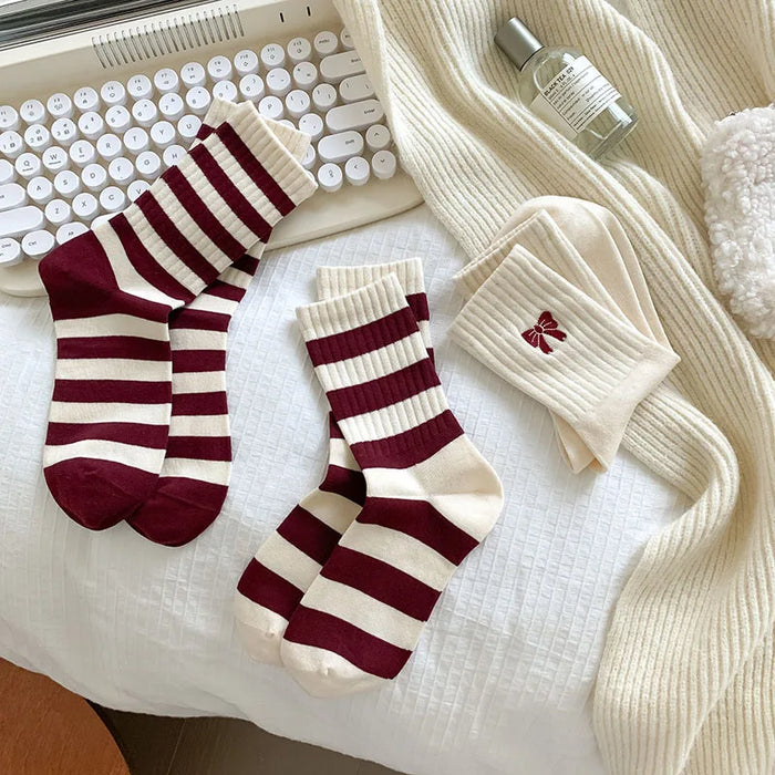 womens-cherry-color-trendy-striped-autumn-and-winter-new-mid-tube-socks-ankola-color-versatile-socks