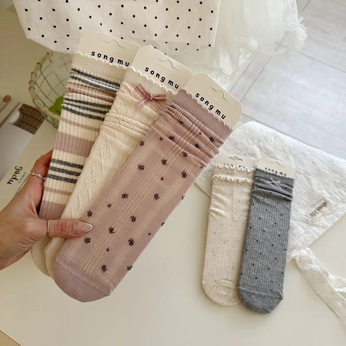 1/5 Pairs Women Flower Edge Bow Mid Tube Socks