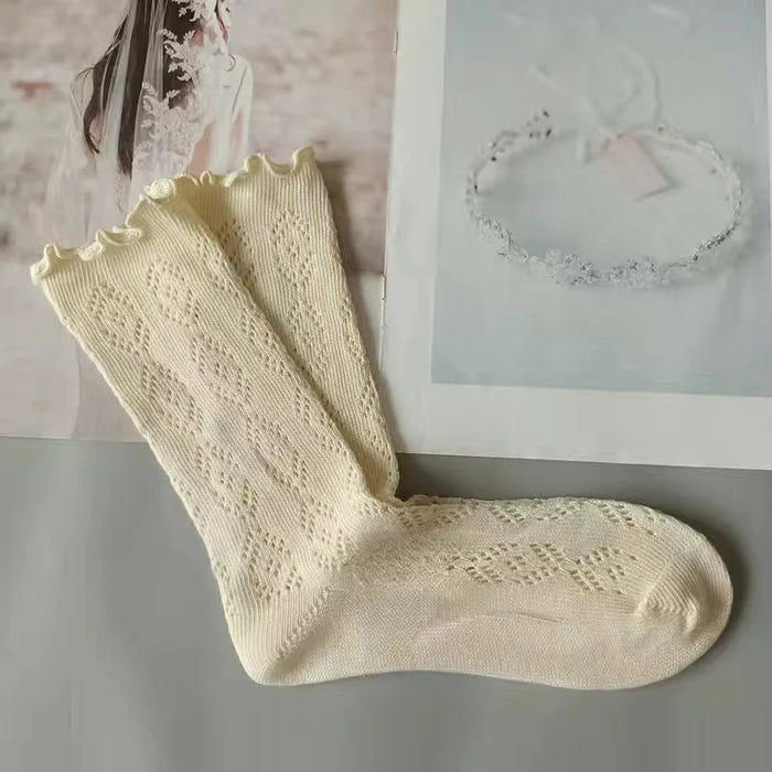 1-3pairs-hollow-socks-women-solid-color-sweet-mesh-mid-tube-stockings-girls-spring-summer-breathable-cotton-lace-roll-edge-socks