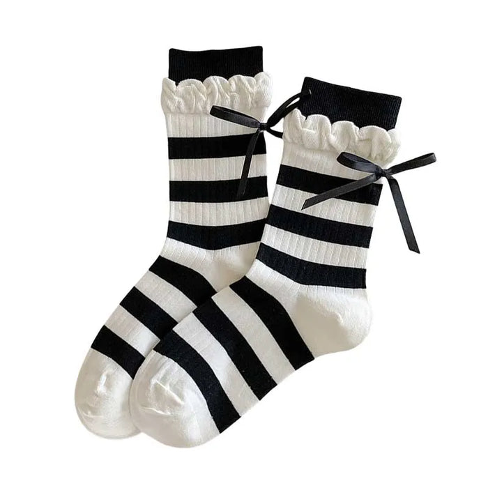 Trendy Sweet Crew Socks Bow Striped