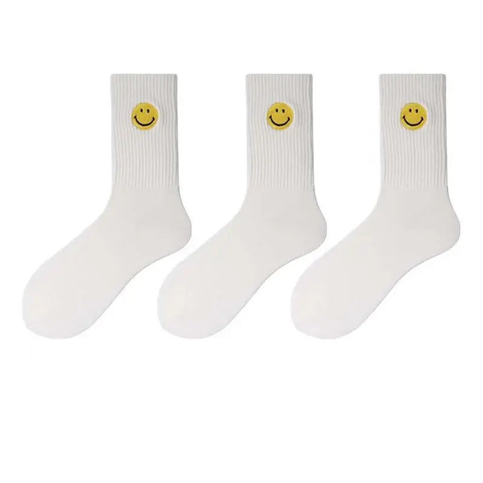 solid-color-medium-tube-socks-for-womens-fresh-smiling-face-pattern-simple-style-comfortable-breathable-girl-socks