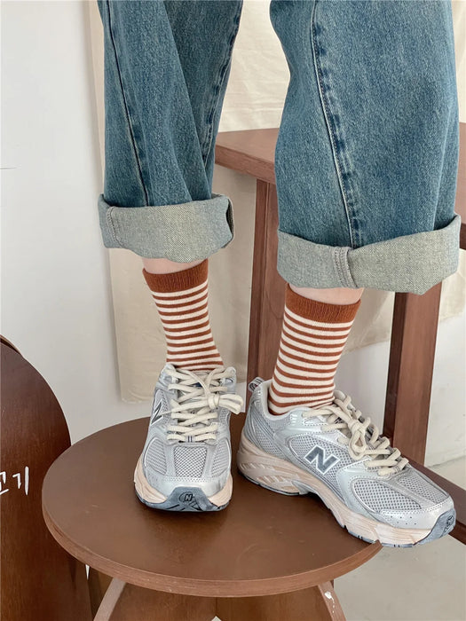 Striped Cotton Socks Women’s Breathable Middle Tube Socks