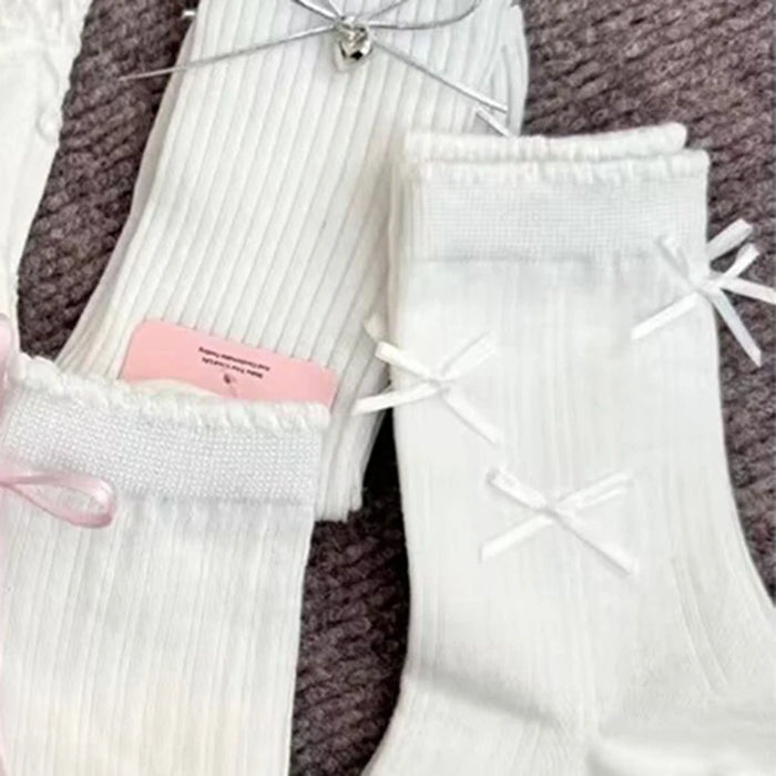 5 Pairs Women Flower Edge Bow Mid Tube Socks