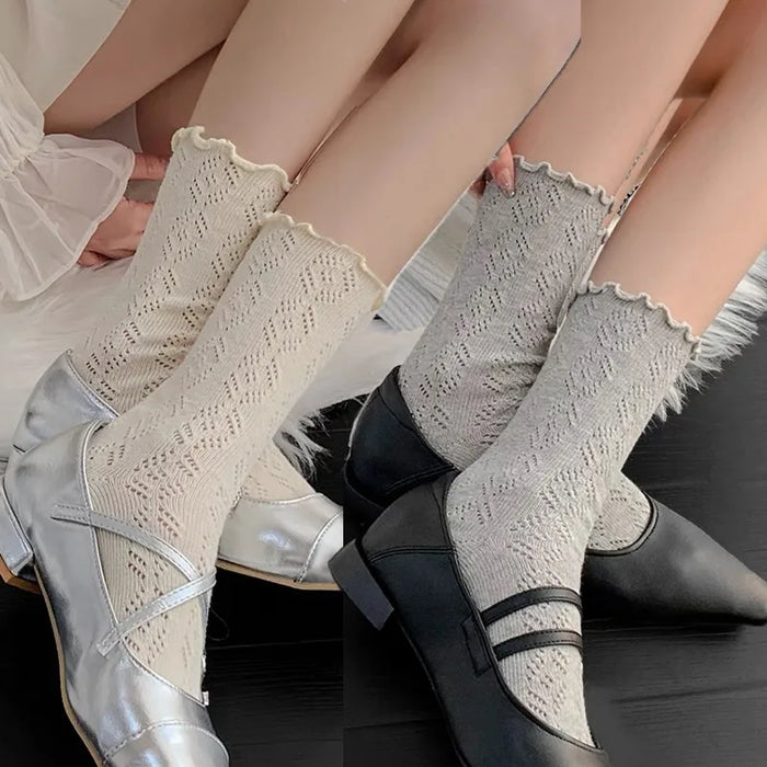 1-3pairs-hollow-socks-women-solid-color-sweet-mesh-mid-tube-stockings-girls-spring-summer-breathable-cotton-lace-roll-edge-socks