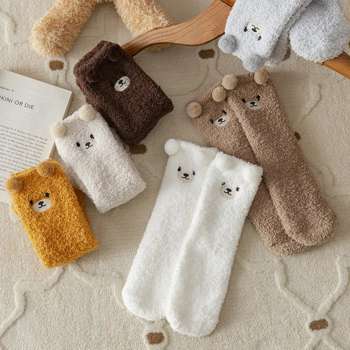 Cute Bear Coral Plush Socks