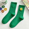 solid-color-medium-tube-socks-for-womens-fresh-smiling-face-pattern-simple-style-comfortable-breathable-girl-socks