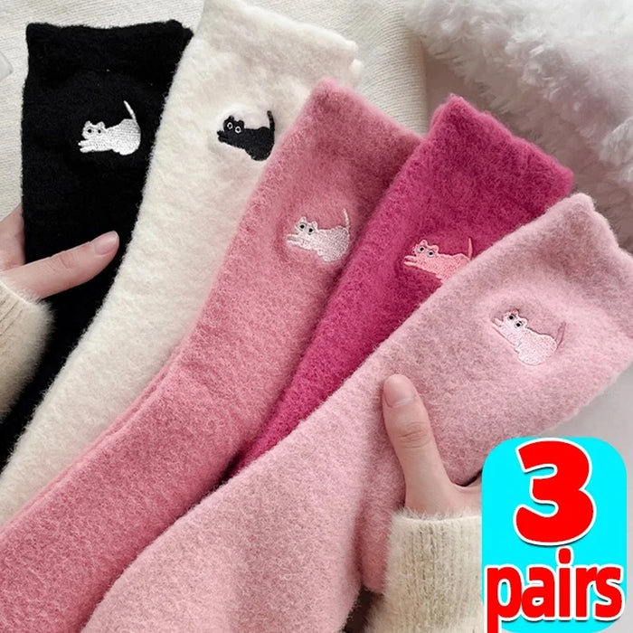 1/3P Cute Cat Mink Fleece Super Soft Socks for Women