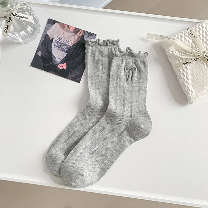 Lace Bow Long Socks Casual Crew Loose Sox Mid-tube Thin Stockings
