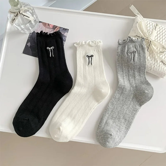 Lace Bow Long Socks Casual Crew Loose Sox Mid-tube Thin Stockings