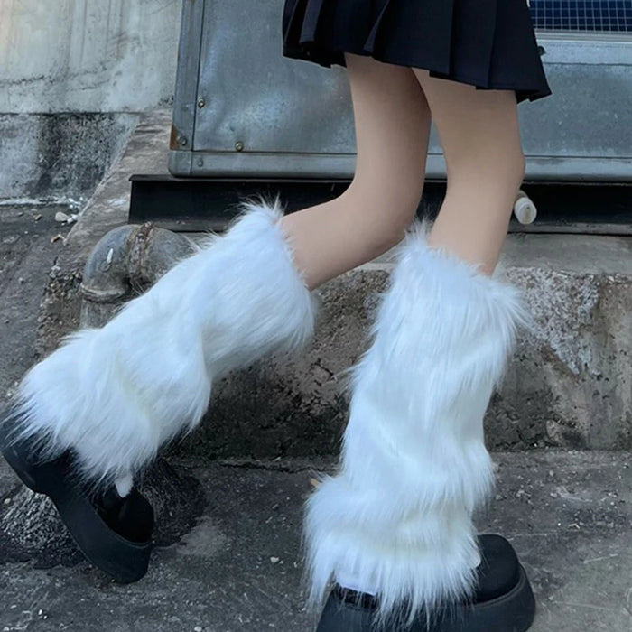 Y2K White Faux Fur Leg Warmers Boot Covers
