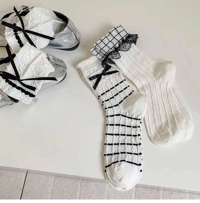Trendy Sweet Crew Socks Bow Striped