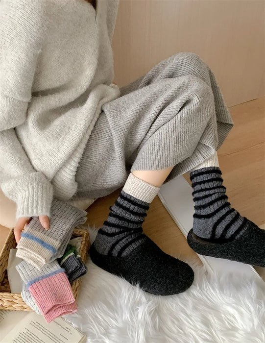 Wool Stripe Designer Socks Middle Tube