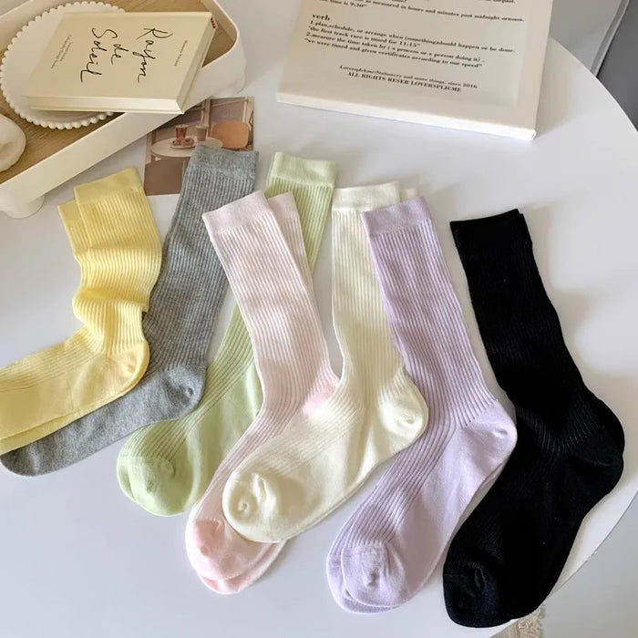 Breathable solid, ballet style ultra-thin, vertical stripes mid tube socks