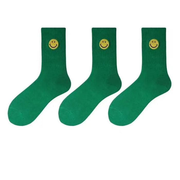 solid-color-medium-tube-socks-for-womens-fresh-smiling-face-pattern-simple-style-comfortable-breathable-girl-socks