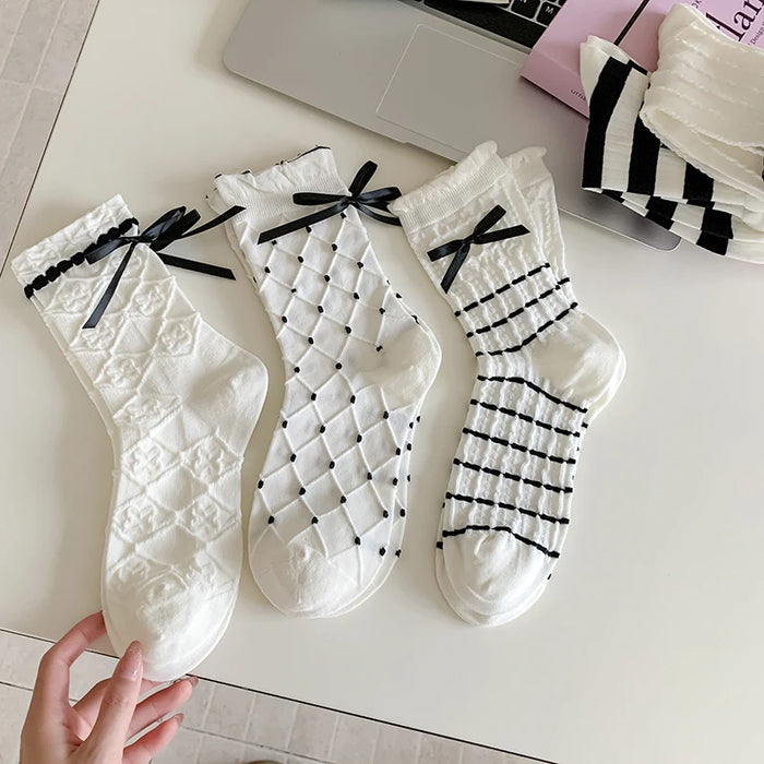 Trendy Sweet Crew Socks Bow Striped