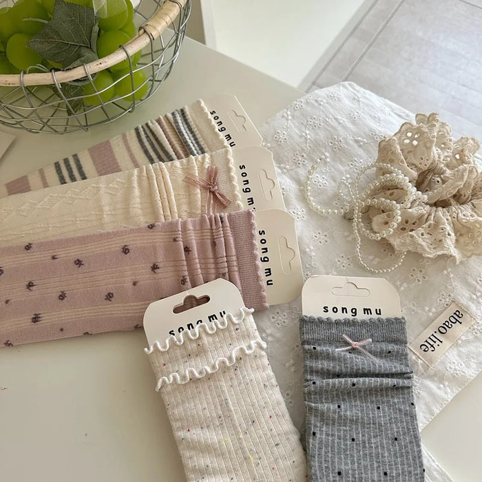 1/5 Pairs Women Flower Edge Bow Mid Tube Socks