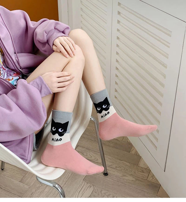 Fashion Cat Cartoon Socks, Breathable Long Causal