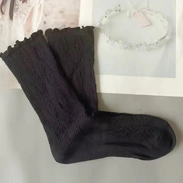 1-3pairs-hollow-socks-women-solid-color-sweet-mesh-mid-tube-stockings-girls-spring-summer-breathable-cotton-lace-roll-edge-socks