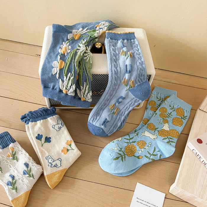 Blue Women Cartoon Print  Socks