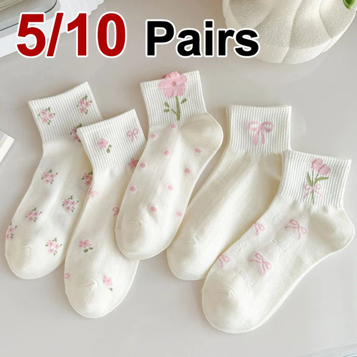 5/10 Pairs Women Bow Print Mid Tube Socks