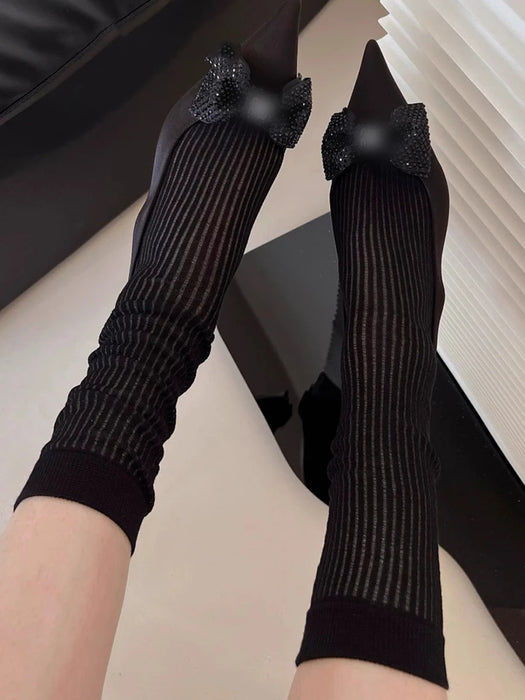 Breathable solid, ballet style ultra-thin, vertical stripes mid tube socks