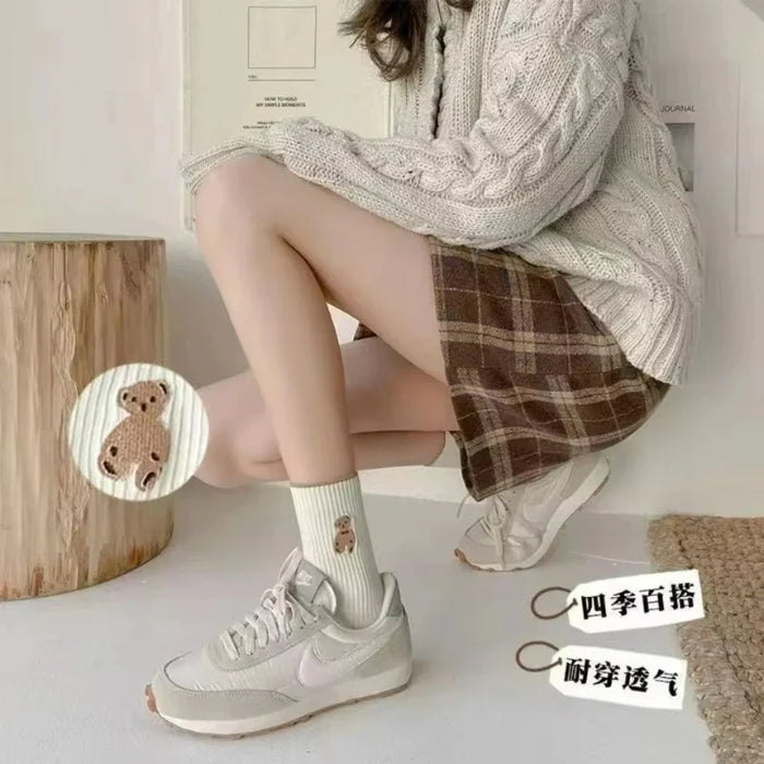 5pairs-lot-cream-womens-korean-version-of-medium-tube-socks-stockings-autumn-and-winter-warm-japanese-versatile-solid-color