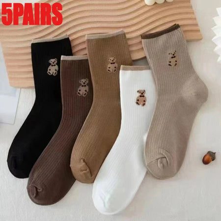 5pairs-lot-cream-womens-korean-version-of-medium-tube-socks-stockings-autumn-and-winter-warm-japanese-versatile-solid-color