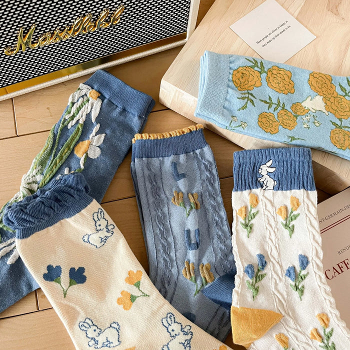 Blue Women Cartoon Print  Socks