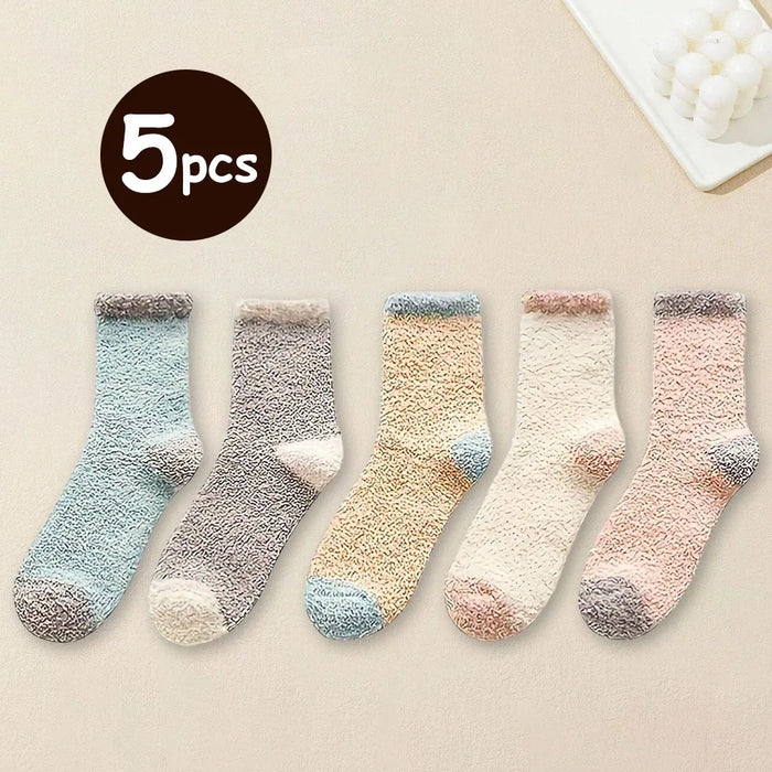 5 Pairs Thick Coral Fleece Socks Warm And Soft Mid Length Socks