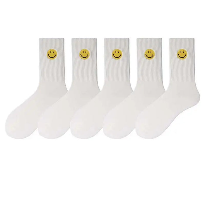 solid-color-medium-tube-socks-for-womens-fresh-smiling-face-pattern-simple-style-comfortable-breathable-girl-socks