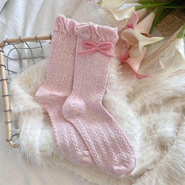 Sweet Bowknot Tied Middle Tube Socks Women Heel Bow Socks