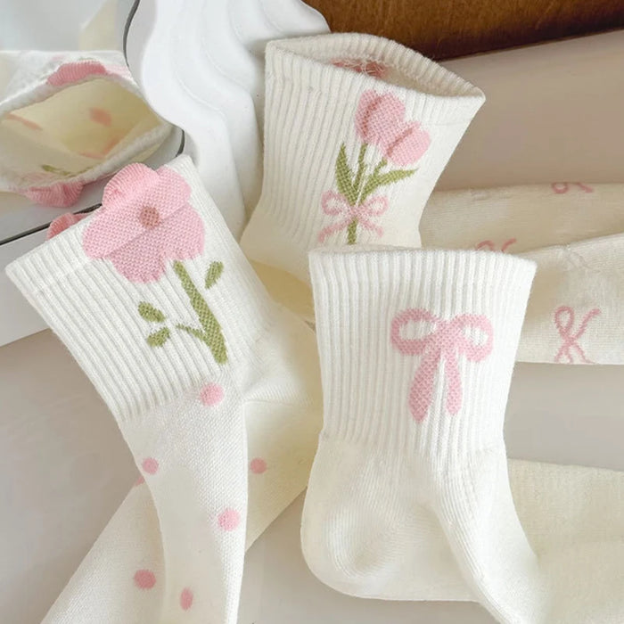 5/10 Pairs Women Bow Print Mid Tube Socks