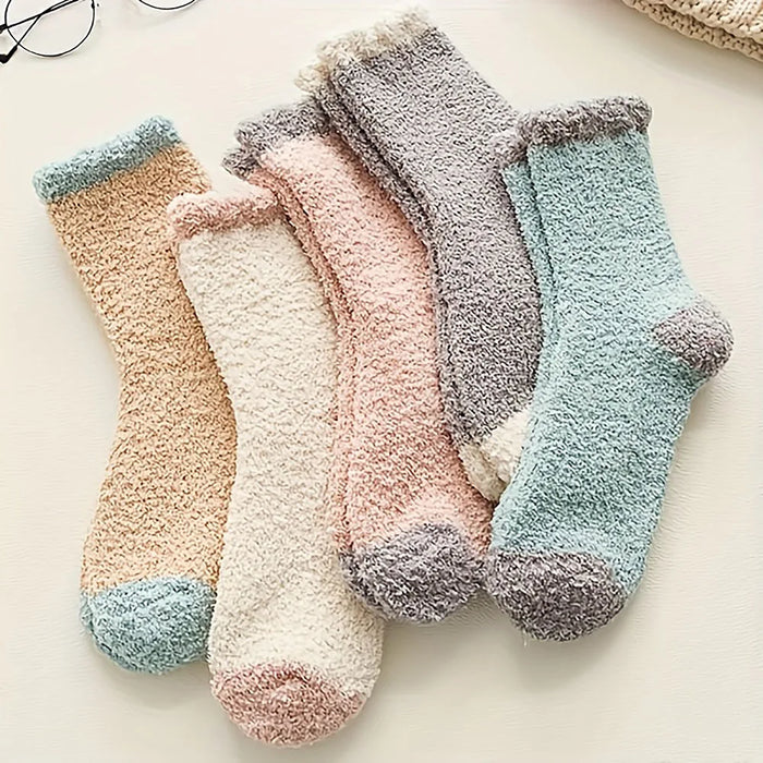 5 Pairs Thick Coral Fleece Socks Warm And Soft Mid Length Socks