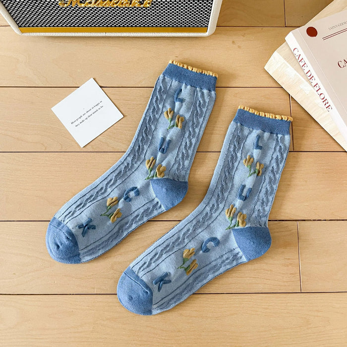 Blue Women Cartoon Print  Socks