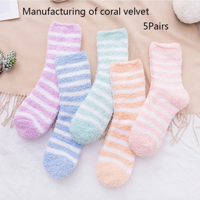 5 Pairs  Winter Striped Coral Fleece Sleep Socks