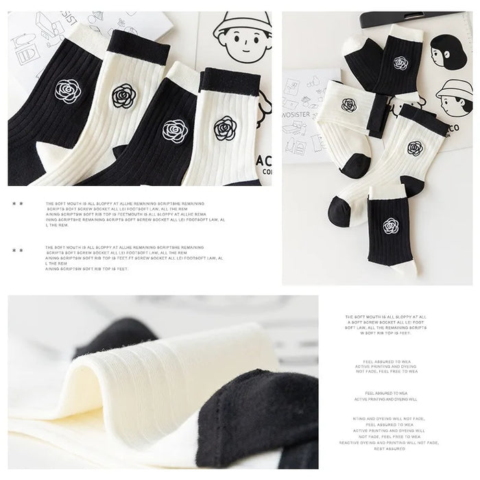 Japanese Embroidered Flowers Trendy Black Mid-tube Socks