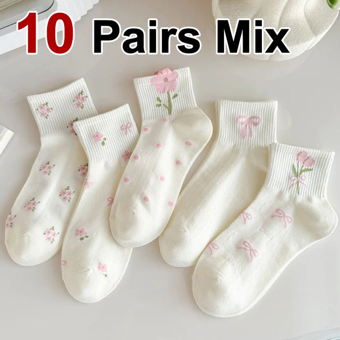 5/10 Pairs Women Bow Print Mid Tube Socks