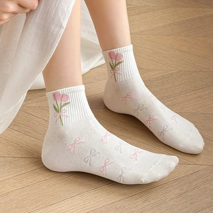 5/10 Pairs Women Bow Print Mid Tube Socks
