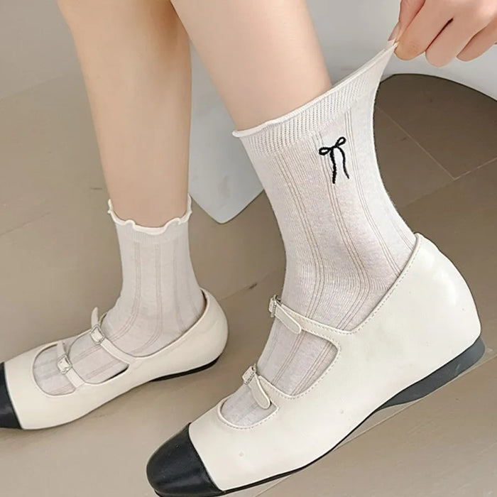 Lace Bow Long Socks Casual Crew Loose Sox Mid-tube Thin Stockings