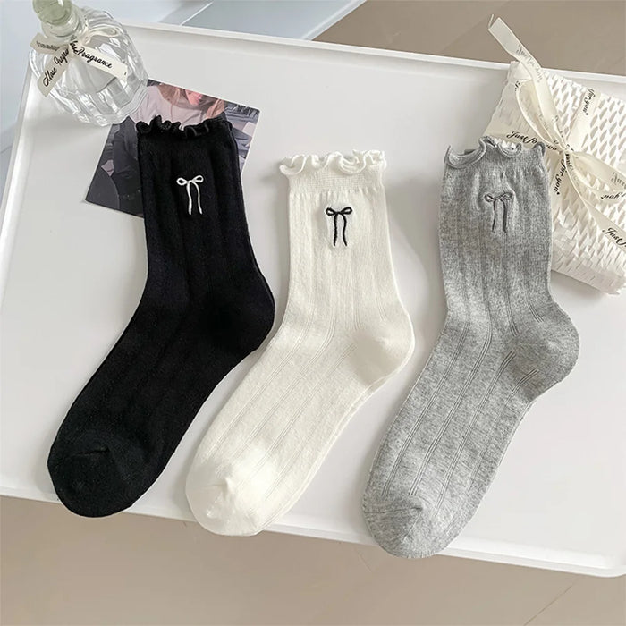 Lace Bow Long Socks Casual Crew Loose Sox Mid-tube Thin Stockings