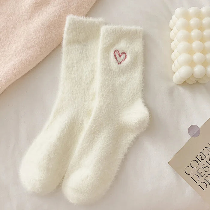 thickened-middle-tube-socks-mink-fur-pink-embroidered-heart-shaped-women-autumn-winter-warm-sleep-home-solid-color-plush-sock