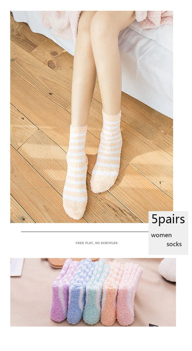 5 Pairs  Winter Striped Coral Fleece Sleep Socks