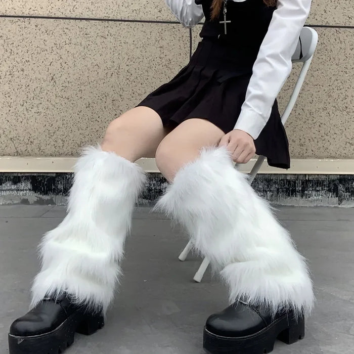 Y2K White Faux Fur Leg Warmers Boot Covers