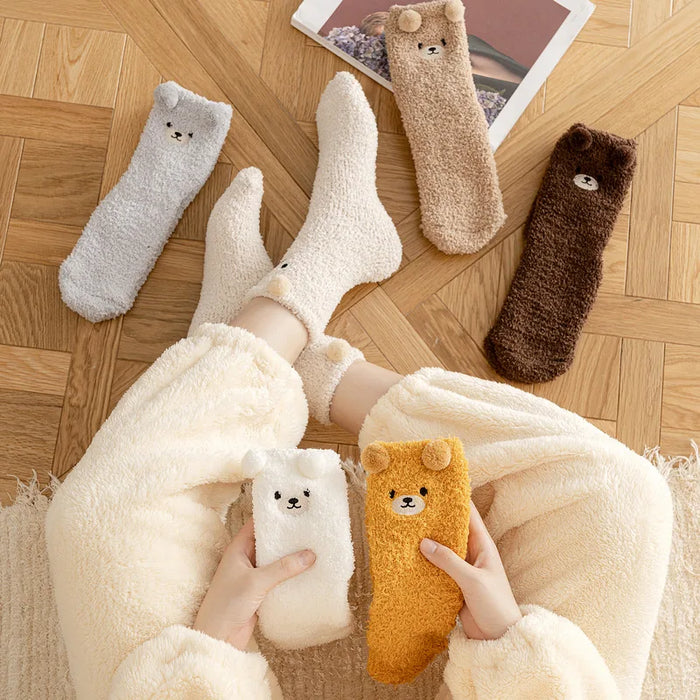Cute Bear Coral Plush Socks