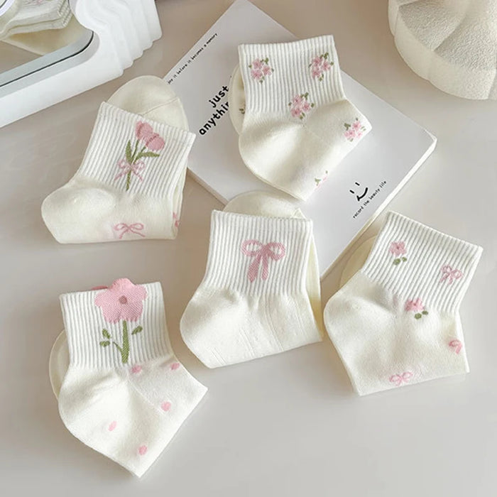 5/10 Pairs Women Bow Print Mid Tube Socks
