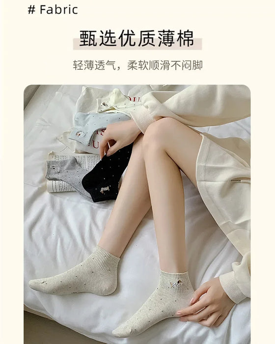 womens-socks-cartoon-dog-embroidery-short-socks-spring-summer-thin-cute-cotton-socks-boneless-sweat-absorbing-wave-point-socks